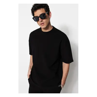 Trendyol Limitovaná edice Černá Oversize 100% bavlna označená texturou Basic Thick T-Shirt