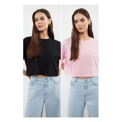 Trendyol Black-Pink 2-Pack 100% Cotton Relax/Comfortable Cut Crop Knitted T-Shirt