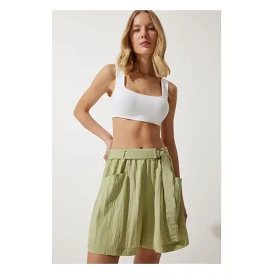 Happiness İstanbul Women's Green Belted City Length Woven Shorts