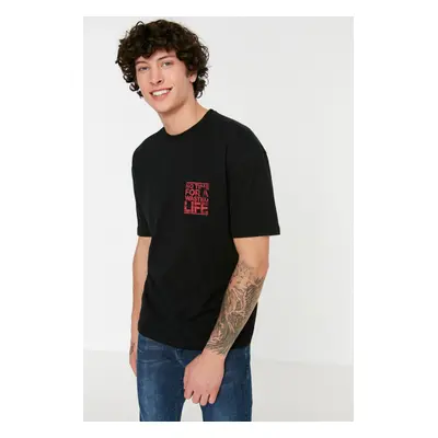 Trendyol Black Oversize/Wide Cut Text Printed 100% Cotton T-Shirt