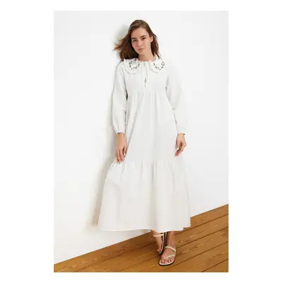 Trendyol Ecru Collar Embroidered Half Patch Linen Look Woven Dress