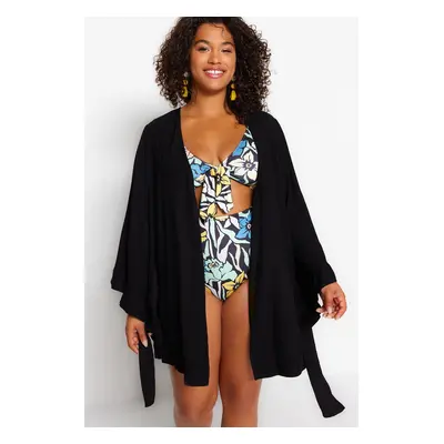 Trendyol Curve Black Sleeve Flounced Viscose Beach Wear Woven Kimono & Kaftan