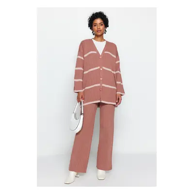 Trendyol Pale Pink Roving Knit Knitwear Cardigan-Trousers Bottom-Top Set