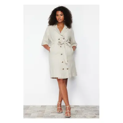 Trendyol Curve Beige Double Breasted Woven Jacket Linen Blend Dress