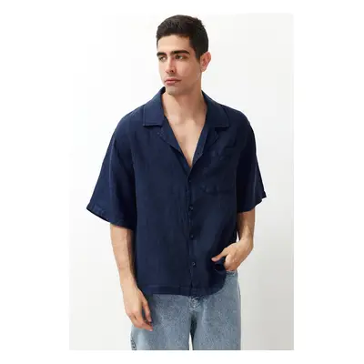 Trendyol Navy Blue Limited Edition 100% Linen Oversize Fit Shirt