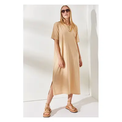 Olalook Women's Beige Side Slit Oversize Cotton Dress