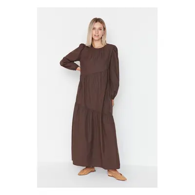 Trendyol Brown Gathered Detailed Crew Neck Poplin Woven Dress