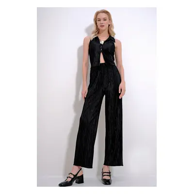 Trend Alaçatı Stili Women's Black Pleated Shirt And Palazzo Pants Double Suit