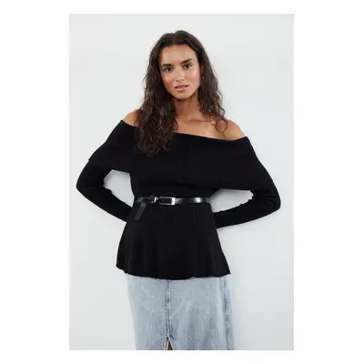 Trendyol Black Belted Carmen Collar Knitwear Sweater