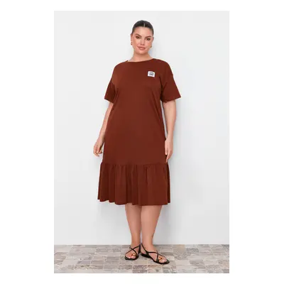 Trendyol Curve Brown Skirt Ruffled Label Detailed 100% Cotton Knitted Plus Size T-shirt Dress