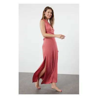 Trendyol Dried Rose Belted Maxi Knitted Tie-Up Beach Dress