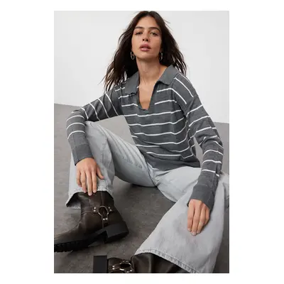 Trendyol Anthracite Striped Polo Neck Knitted Sweater