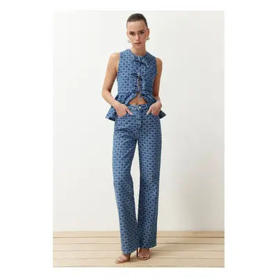 Trendyol Dark Blue Patterned High Waist Wide Leg Jeans