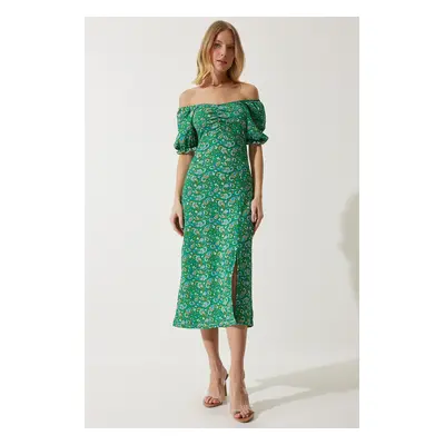 Happiness İstanbul Women's Green Elastic Carmen Collar Summer Dress