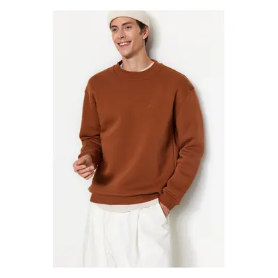 Trendyol Brown Oversize/Wide Cut Half Turtleneck Letter Embroidered Sweatshirt