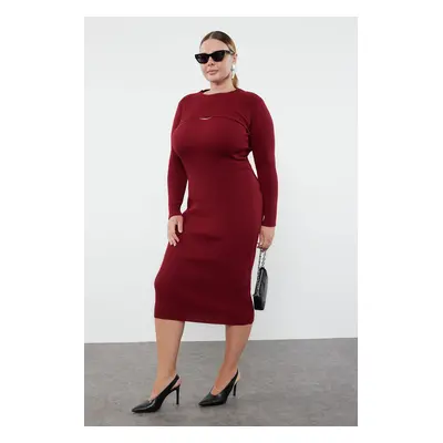 Trendyol Curve Dark Cherry Corded Midi Length 2-Piece Knitwear Dress & Crop Sweater Set