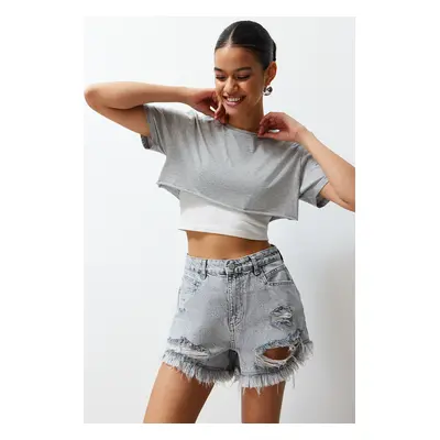 Trendyol Gray Ripped Detailed High Waist Denim Shorts