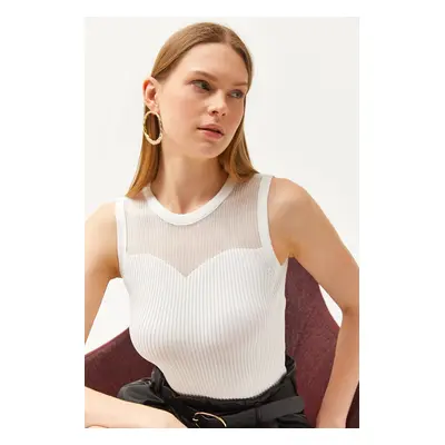 Olalook Women's White Roba Sheer Ribbed Knitwear Blouse