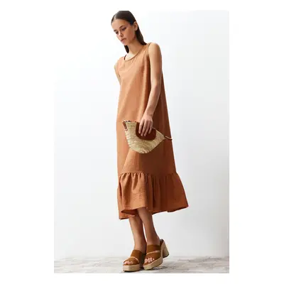 Trendyol Brown Straight Cut Sleeveless Crew Neck Midi Aerobin Woven Dress