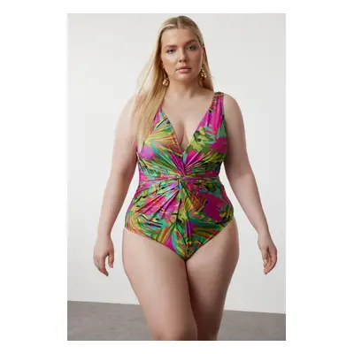 Trendyol Curve Multicolored Tropical Patterned V-Neck Knotted Swimsuit