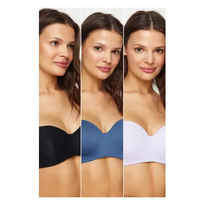 Trendyol Lilac-Black-Dark Blue 3-Pack Polyamide Strap Covered Strapless Knitted Bra