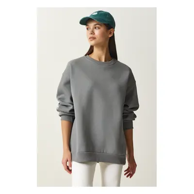 Happiness İstanbul Women's Gray Raised Basic Sweatshirt