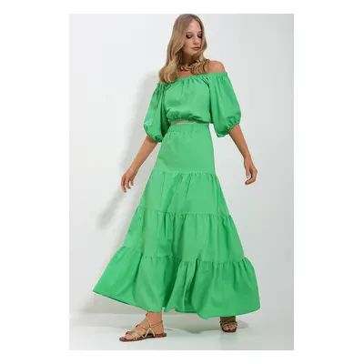 Trend Alaçatı Stili Women's Green Madonna Collar Crop Blouse Gathered Inner Lined Skirt Poplin S