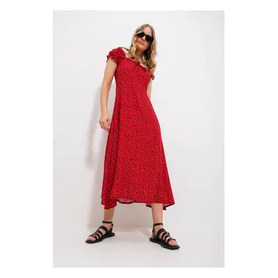 Trend Alaçatı Stili Women's Red Square Neck Floral Pattern Woven Dress