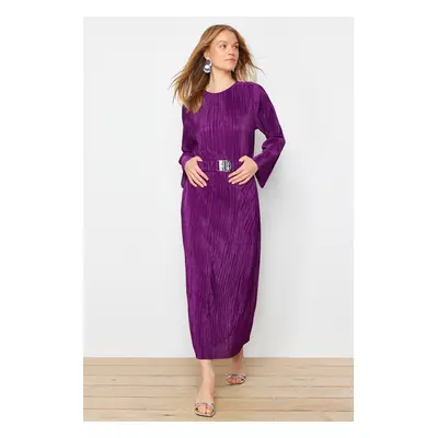 Trendyol Purple Belted Pleated Knitted Dress