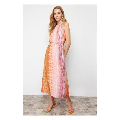 Trendyol Pink Abstract Pattern Straight Cut Chiffon Lined Maxi Woven Dress