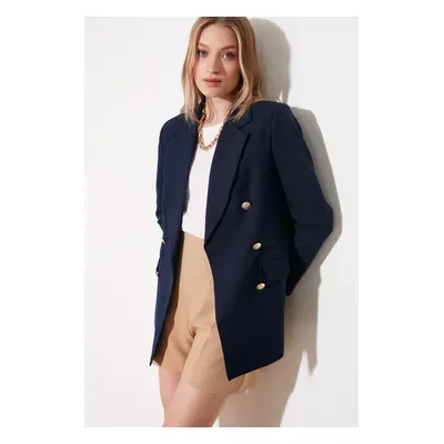 Trendyol Navy Blue Oversize Lined Double Breasted Closure Woven Blazer Jacket