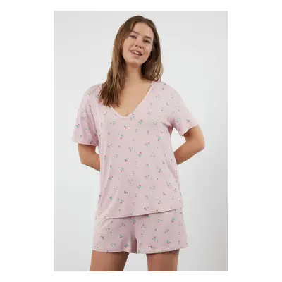 Trendyol Powder-Multicolored Floral Viscose Knitted Pajama Set