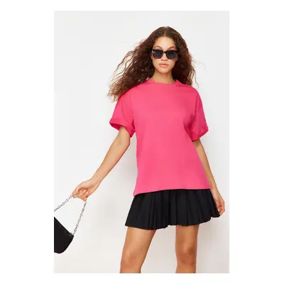 Trendyol Fuchsia 100% Cotton Premium Oversize/Wide Fit Crew Neck Knitted T-Shirt