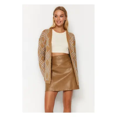 Trendyol Camel Oversize Midi Soft Textured Vzorovaný pletený svetr