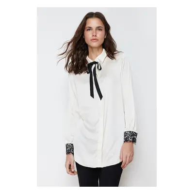 Trendyol Stone Collar Bow and Lace Detailed Satin Woven Shirt