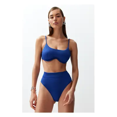 Trendyol Saxe Blue Textured High Waist High Leg Hipster Bikini Bottoms