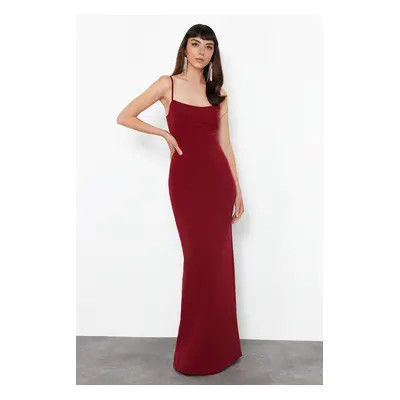 Trendyol Burgundy Fitted Woven Long Evening Dress