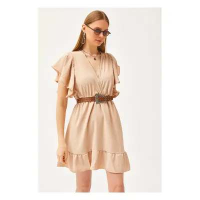 Olalook Women's Camel Double Breasted Collar Sleeve Detail Mini Flowy Dress