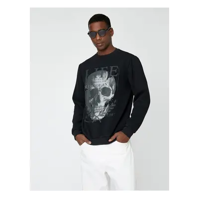 Koton Skull Printed Sweatshirt Raised Crew Neck