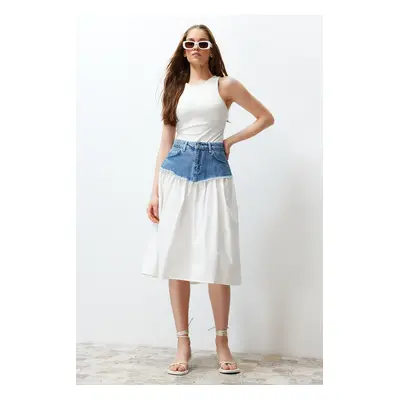 Trendyol Blue Color Block High Waist Midi Denim Skirt