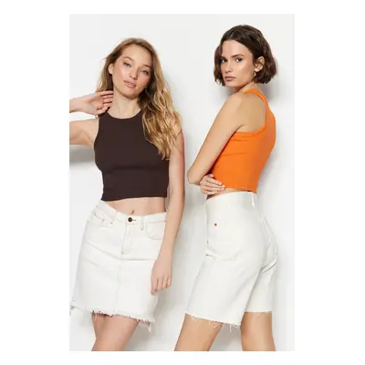 Trendyol Hnědo-Oranžový 2-Pack Přiléhavý Crop, Manšestr, Elastické Pletené Tričko