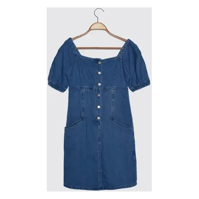 Trendyol Front Button Denim Dress WITH Blue Balloon Sleeves