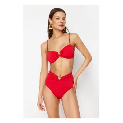 Trendyol Red Premium Accessory High Waist Hipster Bikini Bottom