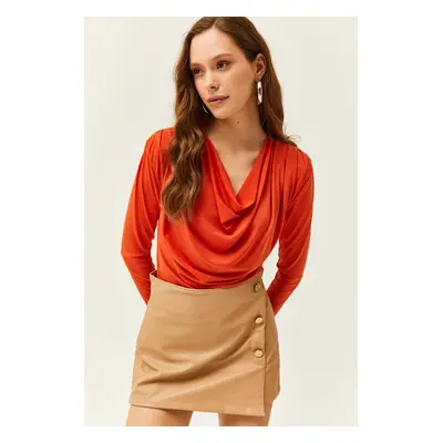 Olalook Women's Orange Waistband Pleated Roll Up Collar Blouse