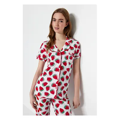 Trendyol White Strawberry Patterned Piping Detailed Sleep Band Knitted Pajama Set