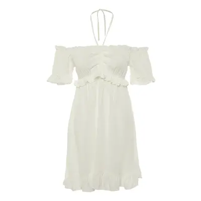 Trendyol Ecru Waist Opening Mini Woven Lined Frilly Woven Dress