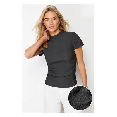 Trendyol Anthracite High Neck Short Sleeve Gathered Detail Elastic Knitted Blouse