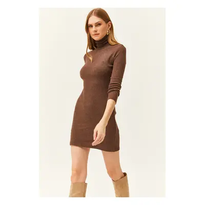 Olalook Women's Brown Full Turtleneck Thick Ribbed Mini Dress