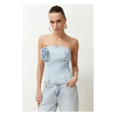 Trendyol Light Blue Rose Detailed Strapless Denim Blouse