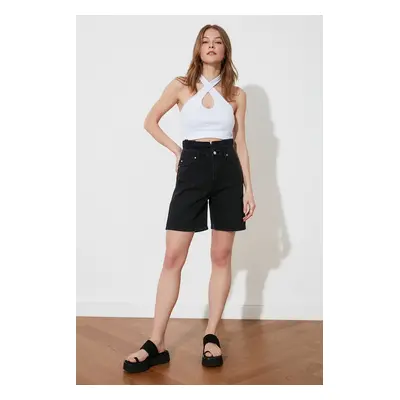 Trendyol Black High Waist Denim Shorts with Pleated Waist